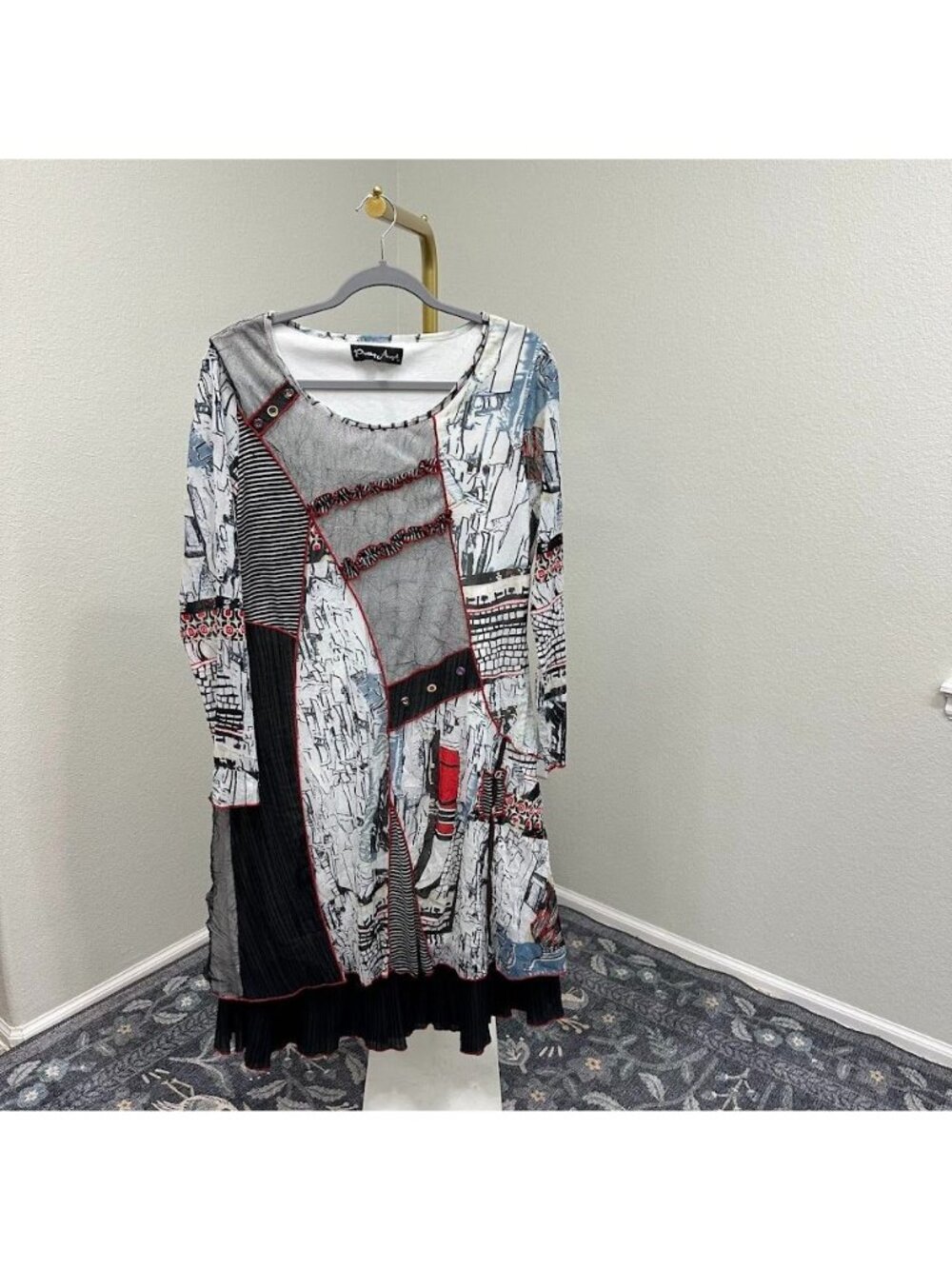 Pretty Angel Patchwork Silk Blend Midi Dress Long Sleeve Scoop Neck Womens Sz XL